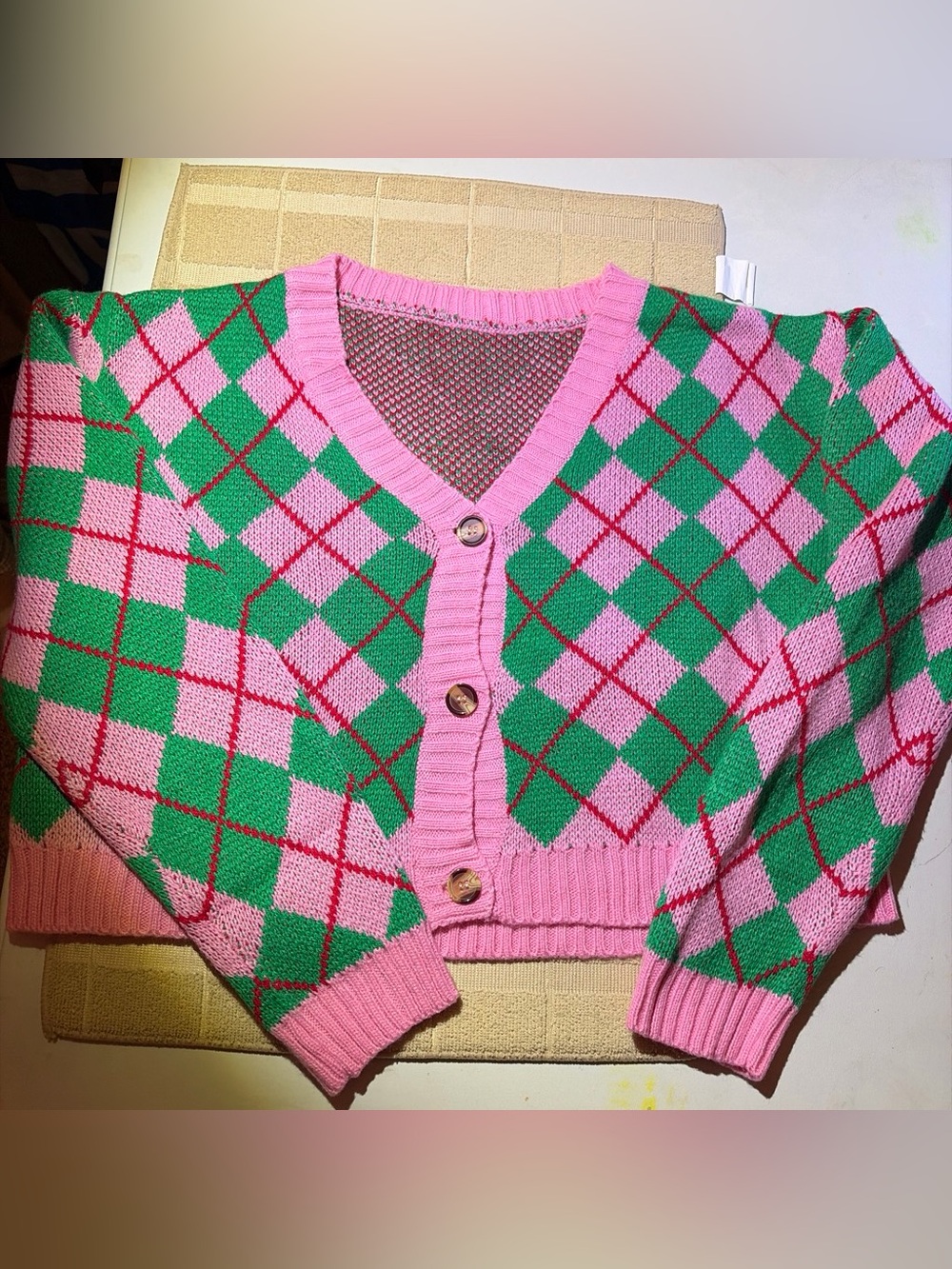 Wicked Pink and Green Argyle Cardigan